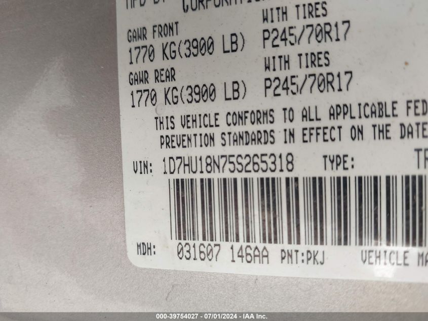 2005 Dodge Ram 1500 Slt/Laramie VIN: 1D7HU18N75S265318 Lot: 39754027
