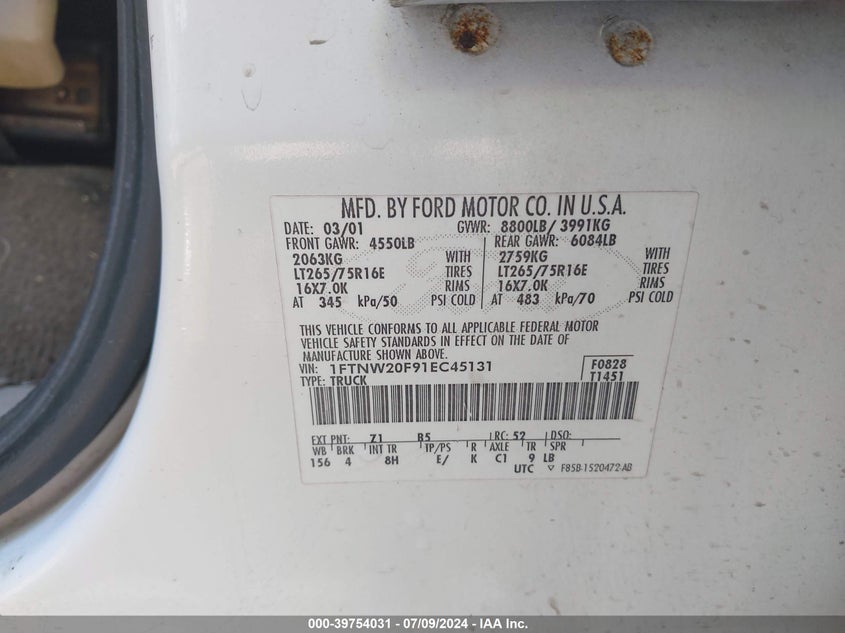 2001 Ford F-250 Lariat/Xl/Xlt VIN: 1FTNW20F91EC45131 Lot: 39754031