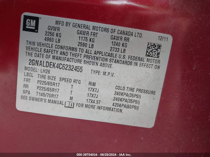 2012 Chevrolet Equinox 1Lt VIN: 2GNALDEK4C6232455 Lot: 39754034