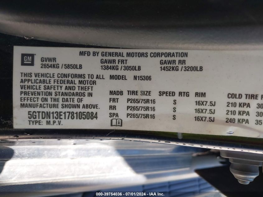 2007 Hummer H3 Suv VIN: 5GTDN13E178105084 Lot: 39754036