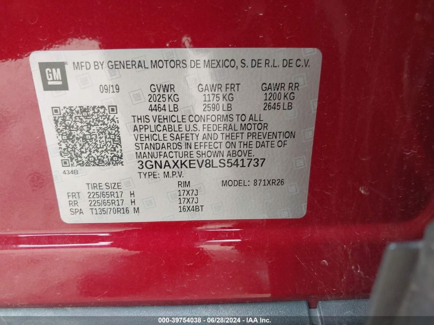 2020 Chevrolet Equinox Lt VIN: 3GNAXKEV8LS541737 Lot: 39754038