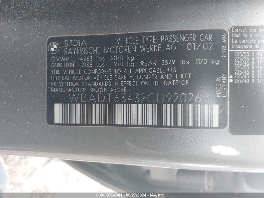 2002 BMW 530Ia VIN: WBADT63432CH92026 Lot: 39754041