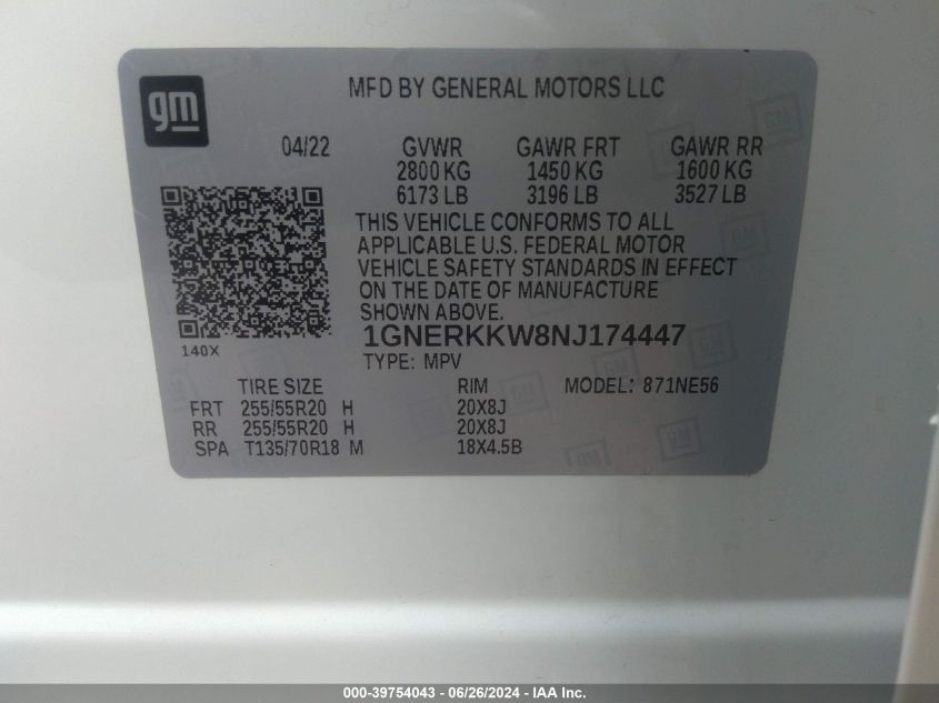 2022 Chevrolet Traverse Fwd Premier VIN: 1GNERKKW8NJ174447 Lot: 39754043