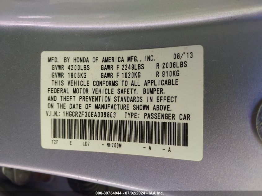 1HGCR2F30EA009803 2014 Honda Accord Lx