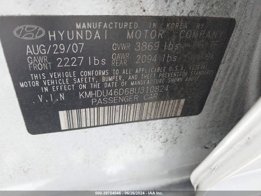 KMHDU46D68U310824 2008 Hyundai Elantra Gls/Se