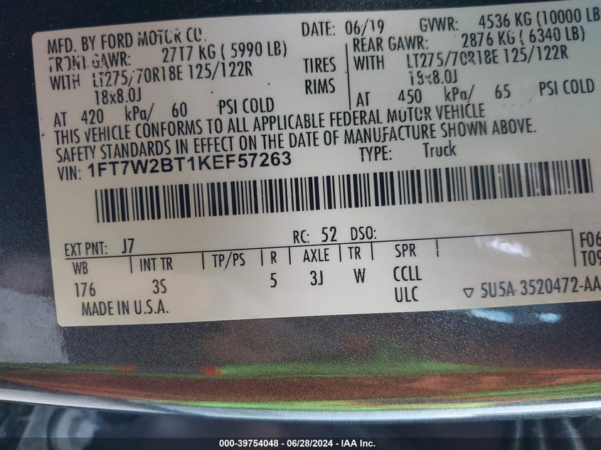 2019 Ford F-250 Super Duty VIN: 1FT7W2BT1KEF57263 Lot: 39754048