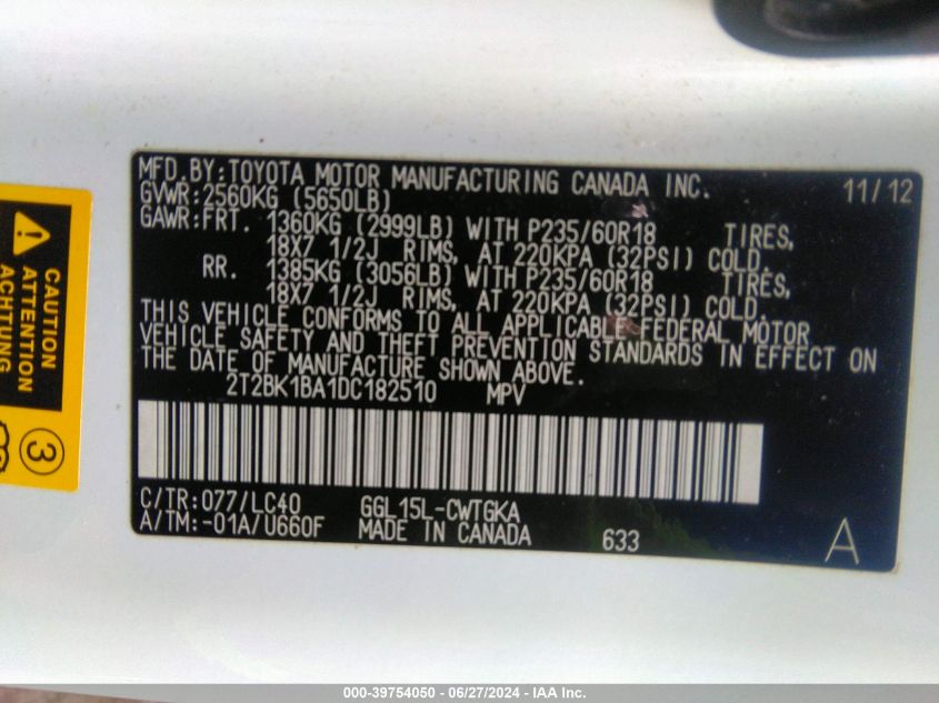 2013 Lexus Rx 350/Base/F Sport VIN: 2T2BK1BA1DC182510 Lot: 39754050