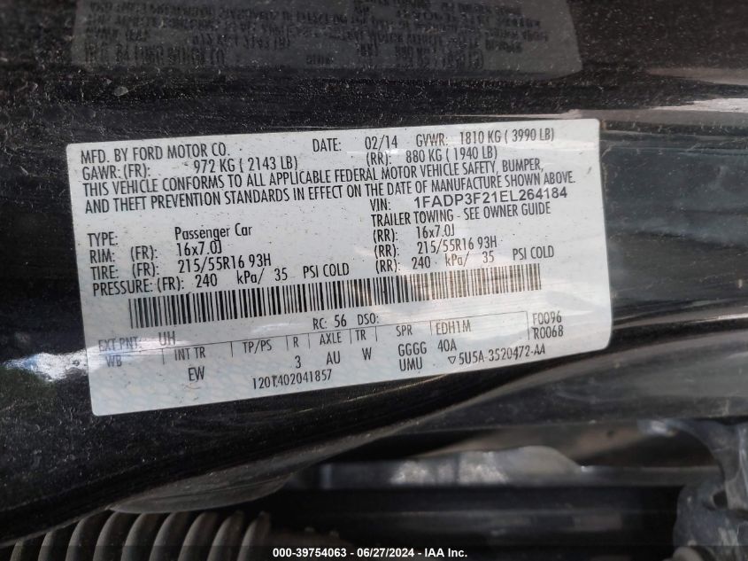 2014 Ford Focus Se VIN: 1FADP3F21EL264184 Lot: 39754063