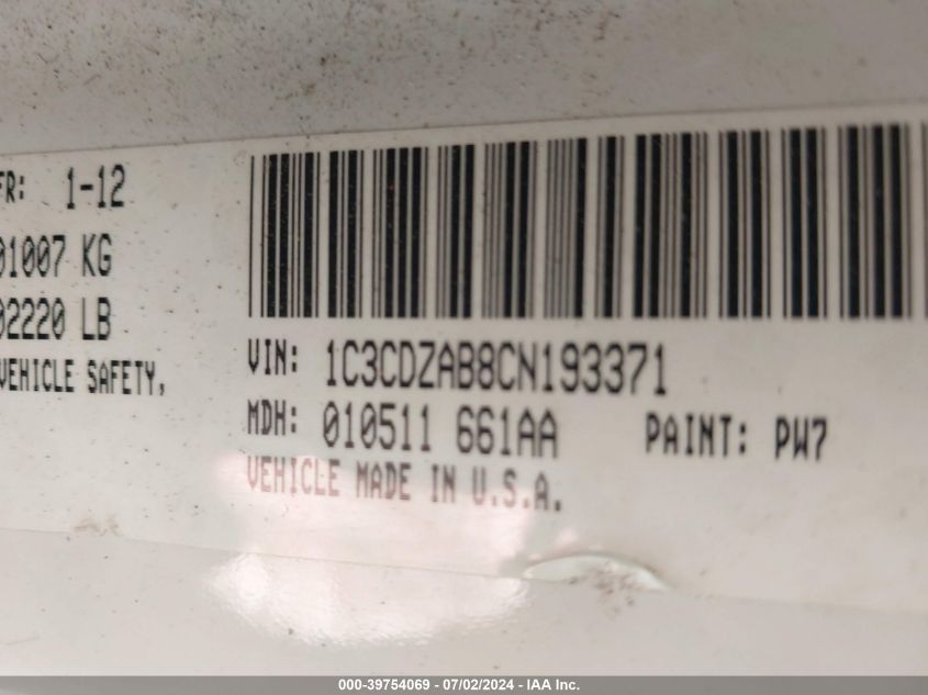 2012 Dodge Avenger Se VIN: 1C3CDZAB8CN193371 Lot: 39754069