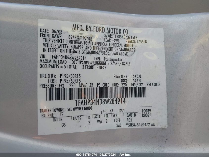 2008 Ford Focus S VIN: 1FAHP34N08W284914 Lot: 39754074