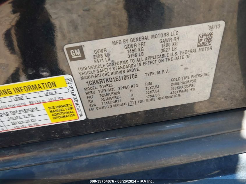 2014 GMC Acadia Denali VIN: 1GKKRTKD1EJ106706 Lot: 39754076