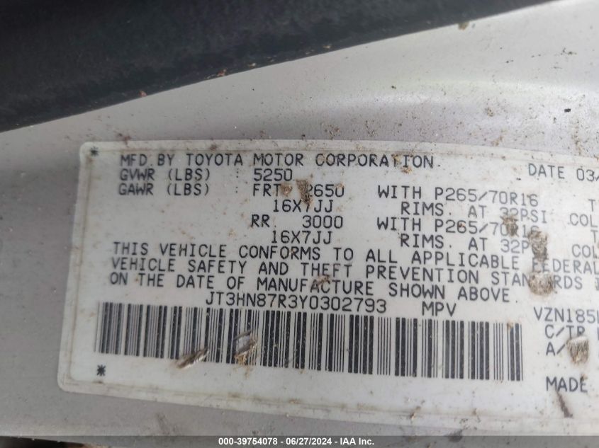 2000 Toyota 4Runner Limited V6 VIN: JT3HN87R3Y0302793 Lot: 39754078