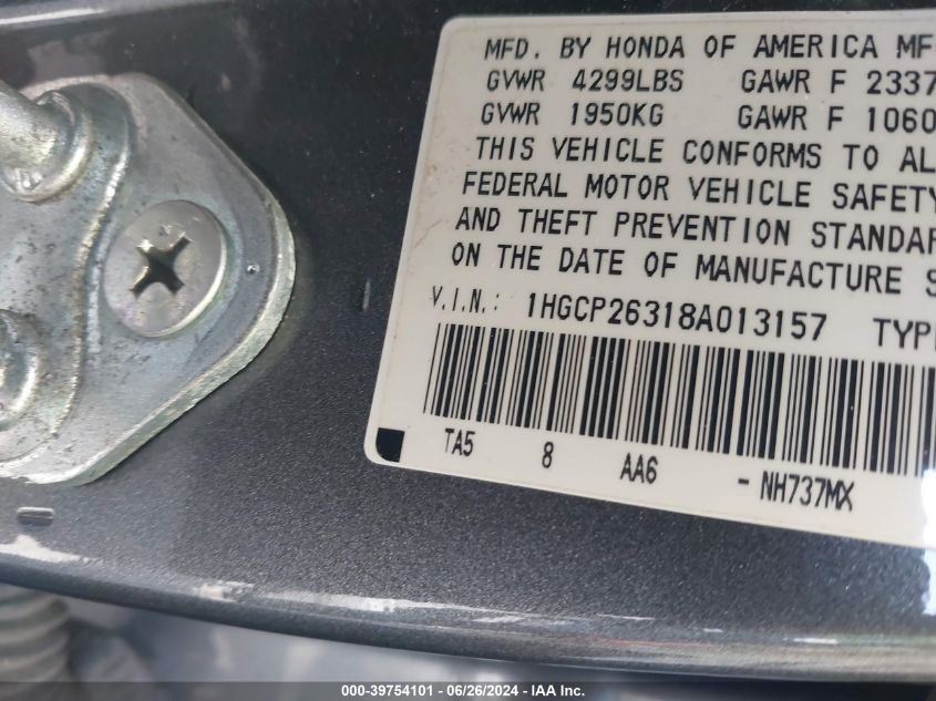 1HGCP26318A013157 | 2008 HONDA ACCORD