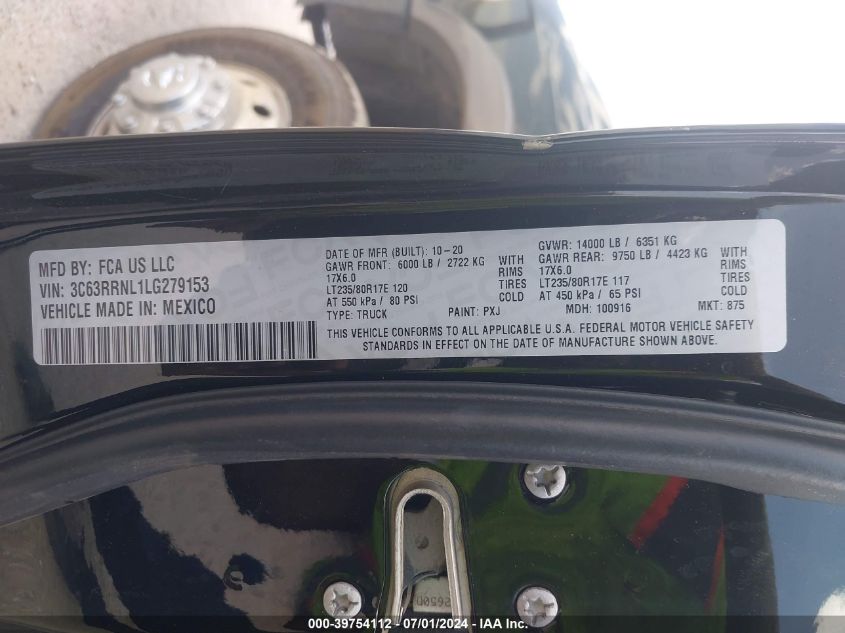 2020 Ram 3500 Laramie Longhorn Mega Cab 4X4 6'4 Box VIN: 3C63RRNL1LG279153 Lot: 39754112