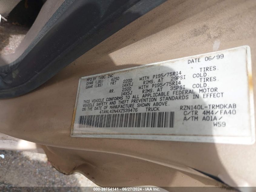 1999 Toyota Tacoma VIN: 4TANL42N4XZ539476 Lot: 39754141