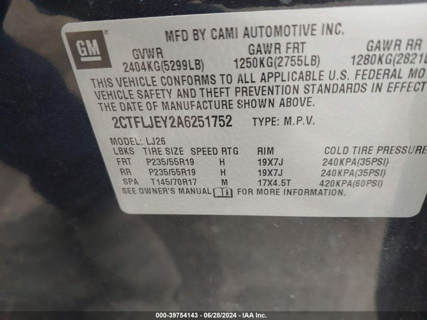 2010 GMC Terrain Slt-2 VIN: 2CTFLJEY2A6251752 Lot: 39754143