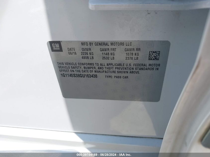 2016 Chevrolet Impala 2Lz VIN: 1G1145S38GU163438 Lot: 39754169