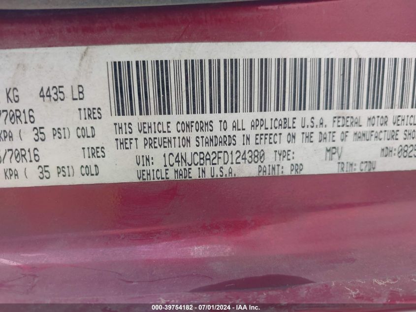 2015 Jeep Compass Sport VIN: 1C4NJCBA2FD124380 Lot: 39754182