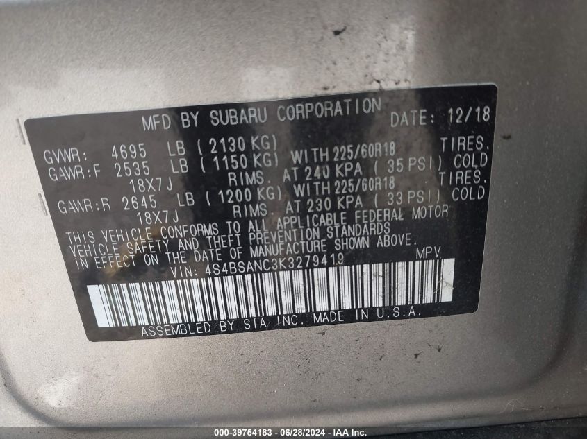 2019 Subaru Outback 2.5I Limited VIN: 4S4BSANC3K3279419 Lot: 39754183