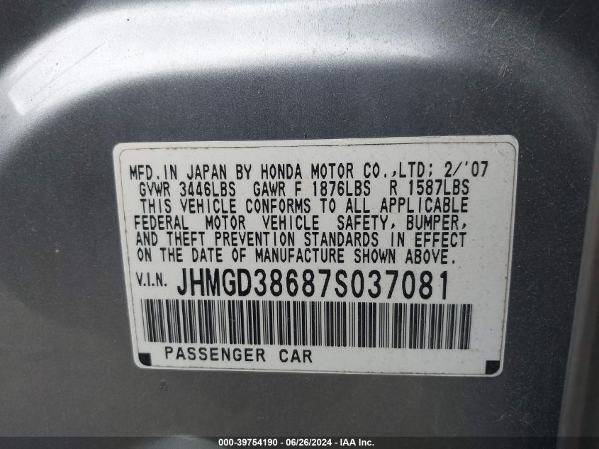 JHMGD38687S037081 | 2007 HONDA FIT