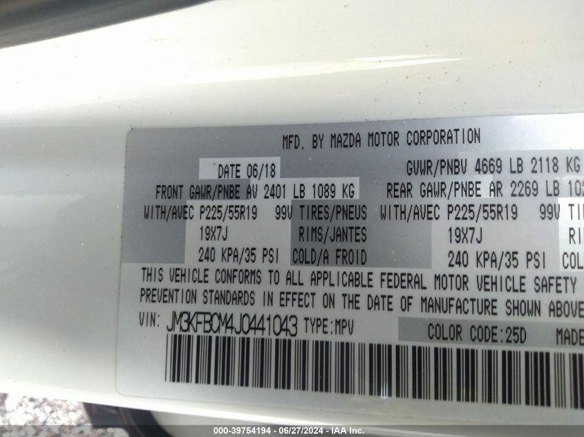 2018 Mazda Cx-5 Touring VIN: JM3KFBCM4J0441043 Lot: 39754194