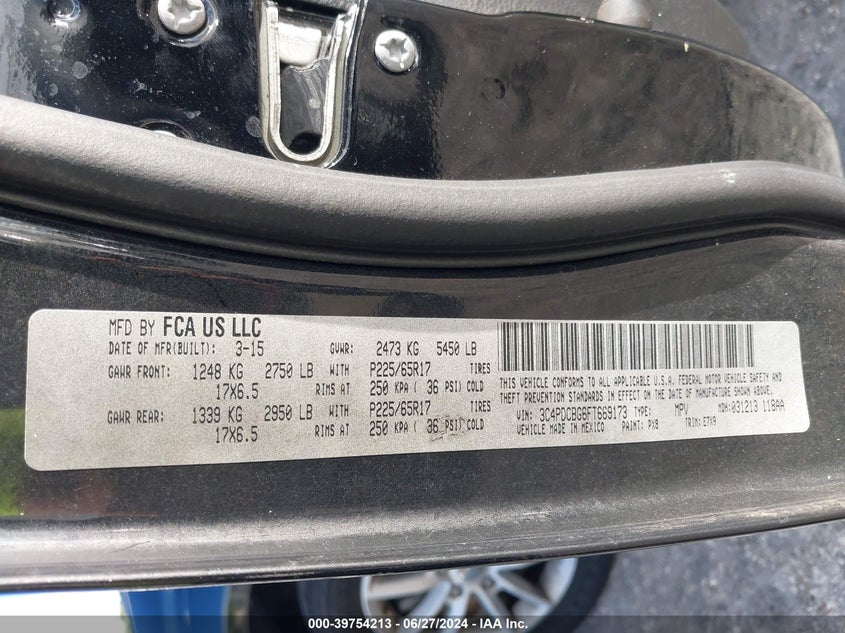 2015 Dodge Journey Sxt VIN: 3C4PDCBG6FT669173 Lot: 39754213