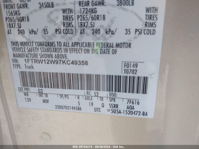 2007 Ford F150 Supercrew VIN: 1FTRW12W97KC49358 Lot: 39754215