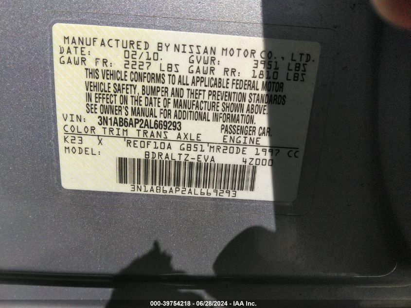 2010 Nissan Sentra 2.0/2.0S/Sr/2.0Sl VIN: 3N1AB6AP2AL669293 Lot: 39754218