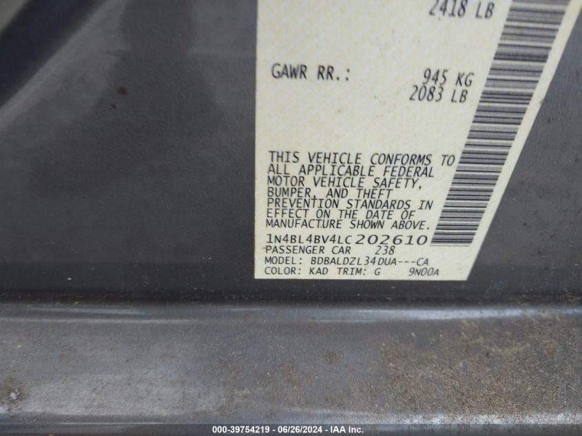 2020 Nissan Altima S Fwd VIN: 1N4BL4BV4LC202610 Lot: 39754219