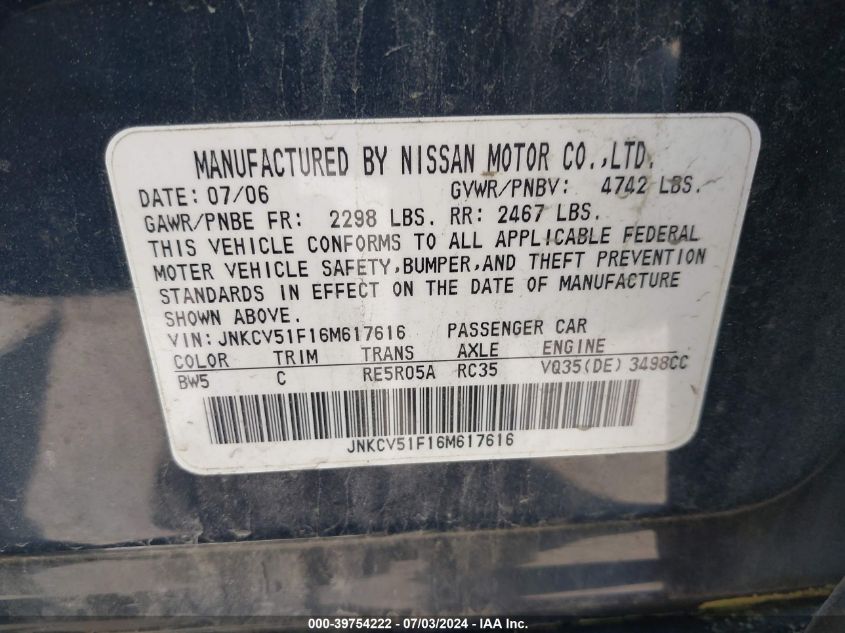 2006 Infiniti G35X VIN: JNKCV51F16M617616 Lot: 39754222