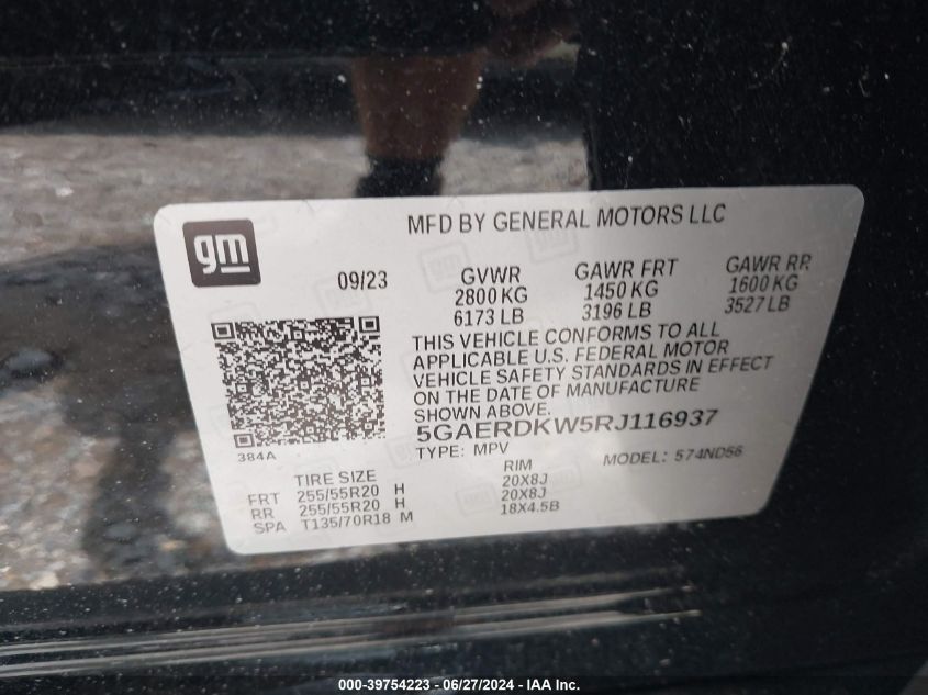 2024 Buick Enclave Avenir Fwd VIN: 5GAERDKW5RJ116937 Lot: 39754223