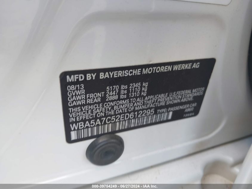 2014 BMW 528I xDrive VIN: WBA5A7C52ED612295 Lot: 39754249
