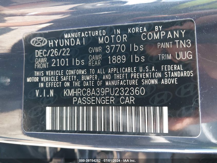 2023 Hyundai Venue Limited VIN: KMHRC8A39PU232360 Lot: 39754252