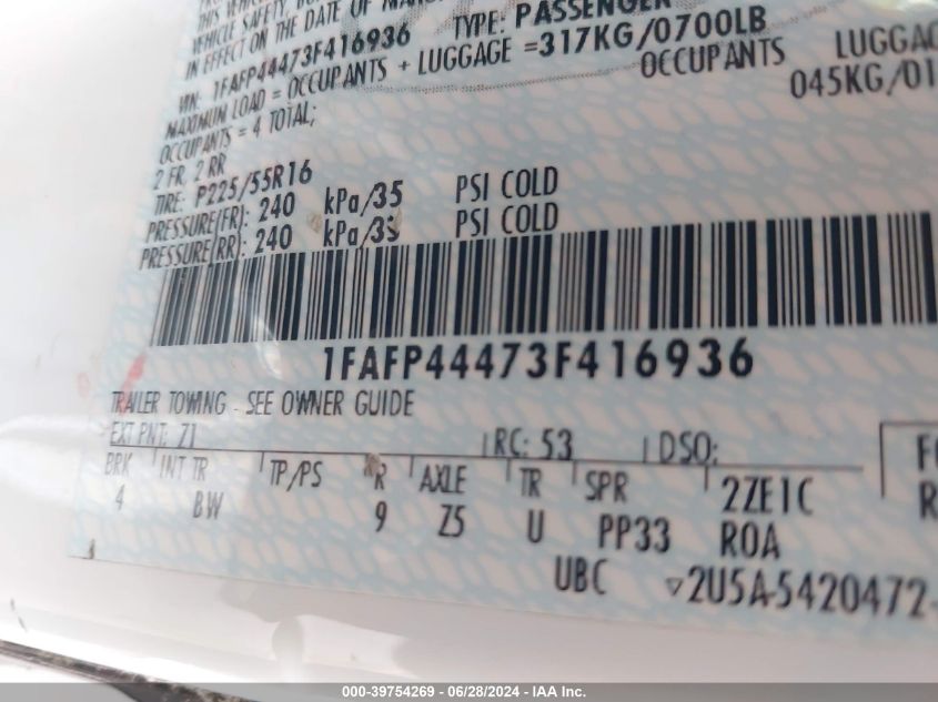 2003 Ford Mustang VIN: 1FAFP44473F416936 Lot: 39754269
