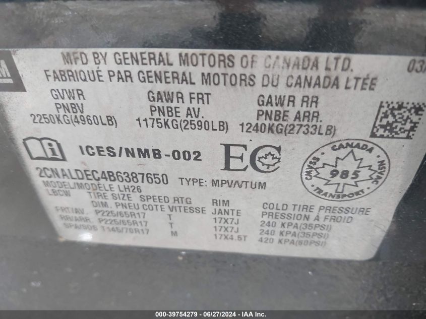 2011 Chevrolet Equinox 1Lt VIN: 2CNALDEC4B6387650 Lot: 39754279