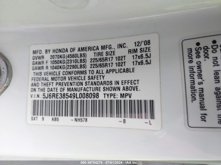 2009 Honda Cr-V Ex VIN: 5J6RE38549L008098 Lot: 39754278