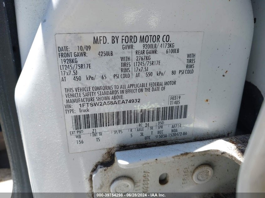 2010 Ford F-250 King Ranch/Lariat/Xl/Xlt VIN: 1FTSW2A58AEA74932 Lot: 39754298