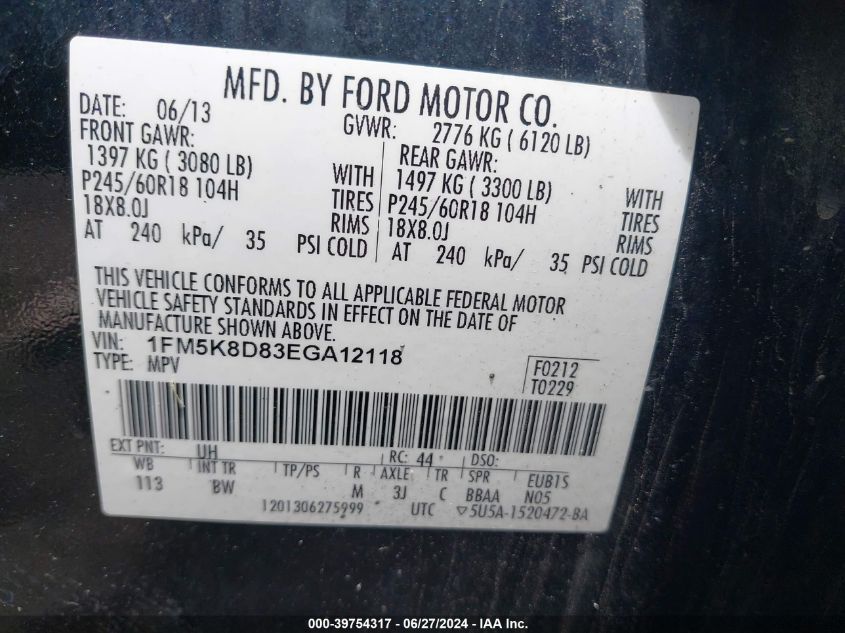 2014 Ford Explorer Xlt VIN: 1FM5K8D83EGA12118 Lot: 39754317