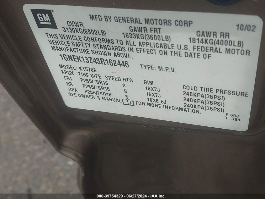 2003 Chevrolet Tahoe Lt VIN: 1GNEK13Z43R162446 Lot: 39754329