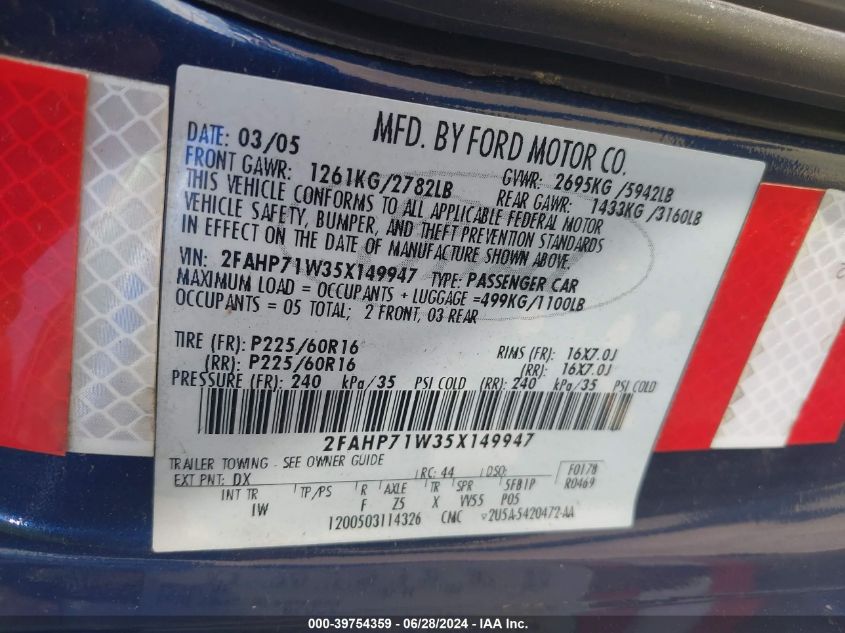 2005 Ford Crown Victoria Police VIN: 2FAHP71W35X149947 Lot: 39754359