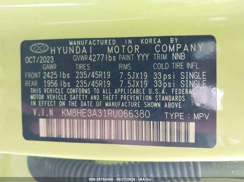 2024 Hyundai Kona Limited VIN: KM8HE3A31RU066380 Lot: 39754368