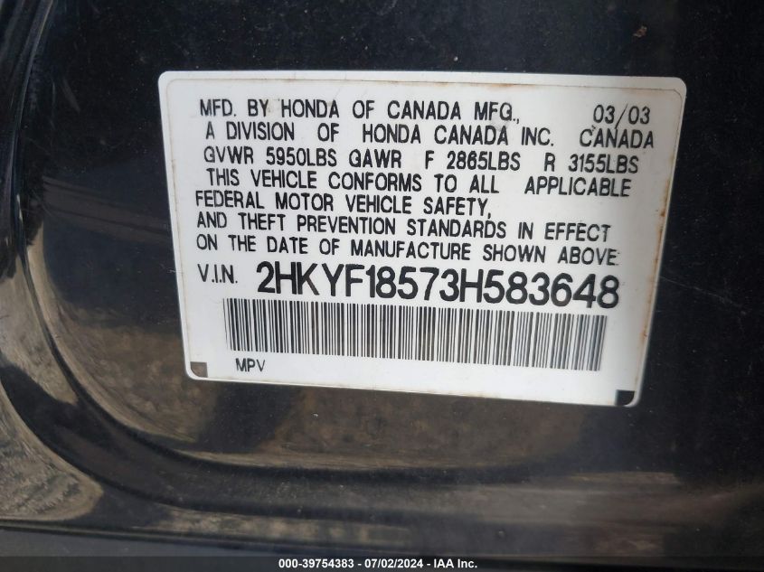 2003 Honda Pilot Ex-L VIN: 2HKYF18573H583648 Lot: 39754383