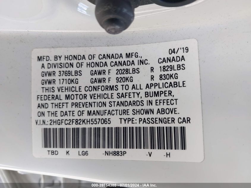 2019 Honda Civic Sport VIN: 2HGFC2F82KH557065 Lot: 39754385