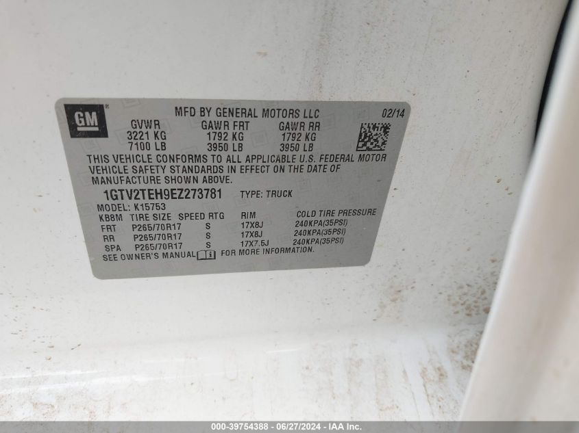 2014 GMC Sierra K1500 VIN: 1GTV2TEH9EZ273781 Lot: 39754388