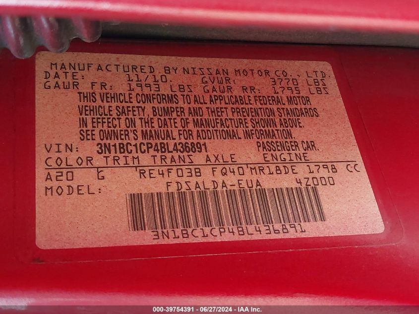 2011 Nissan Versa 1.8S VIN: 3N1BC1CP4BL436891 Lot: 39754391