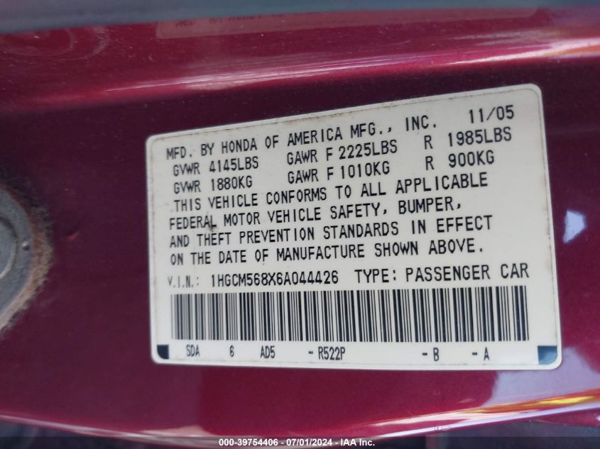 2006 Honda Accord 2.4 Ex VIN: 1HGCM568X6A044426 Lot: 39754406