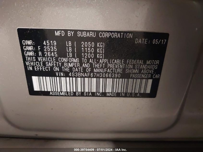 2017 Subaru Legacy 2.5I Premium VIN: 4S3BNAF67H3066390 Lot: 39754409
