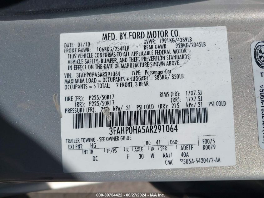 2010 Ford Fusion Se VIN: 3FAHP0HA5AR291064 Lot: 39754422