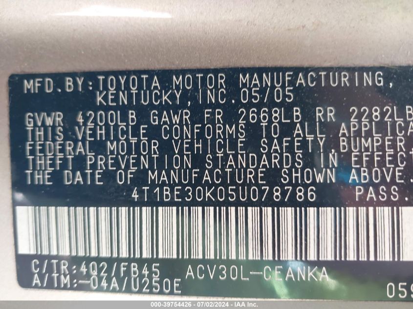 2005 Toyota Camry Le/Xle/Se VIN: 4T1BE30K05U078786 Lot: 39754426