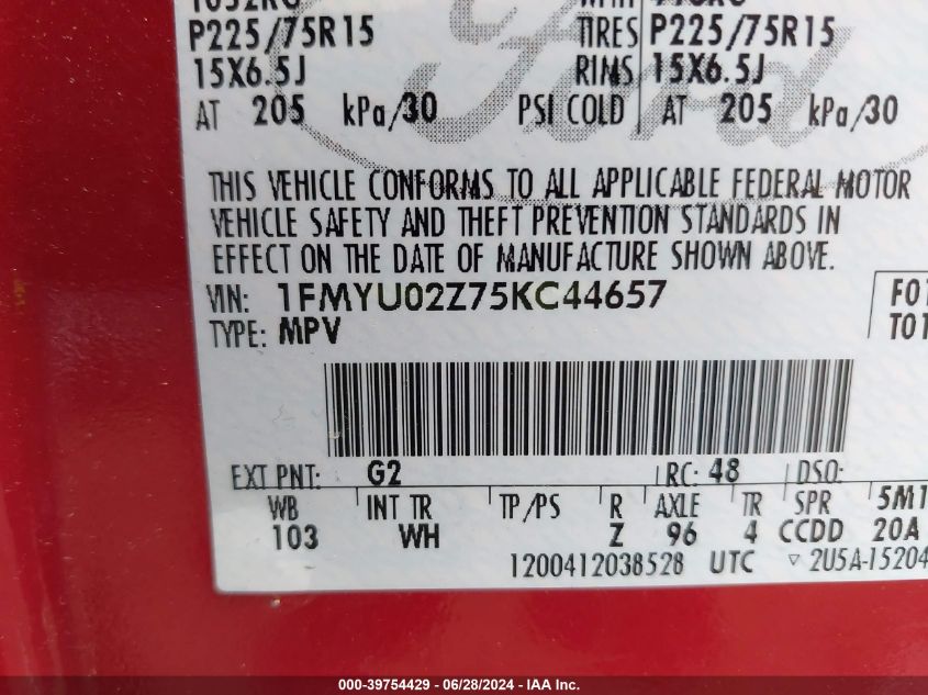 2005 Ford Escape Xls VIN: 1FMYU02Z75KC44657 Lot: 39754429